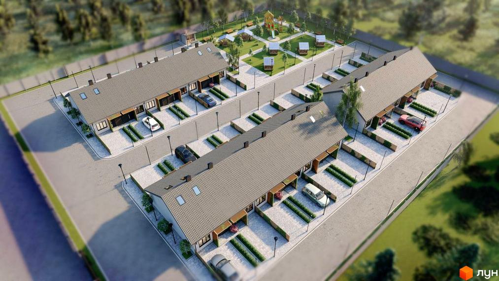 Таунхауси Greens – це житловий комплекс з індивідуальними паркомісцями та зеленою зоною для відпочинку з дитячим майданчиком.