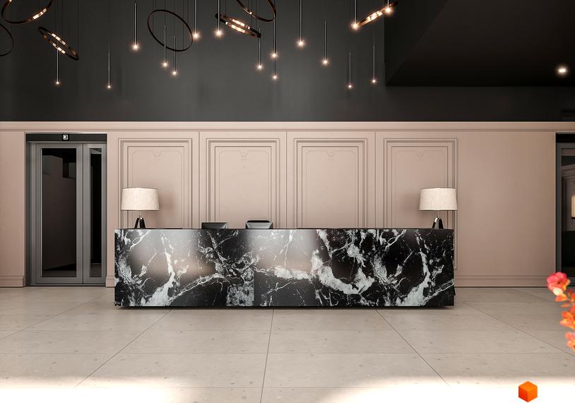 Стильна рецепція ЖК Creator City з мармуровою стійкою та елегантними світильниками. Сучасний дизайн інтер'єру лобі новобудови.