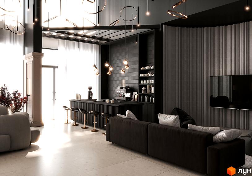 Інтер'єр вітальні з кавовим баром та диваном у ЖК Creator City. Сучасний дизайн з акцентом на функціональність та комфорт.