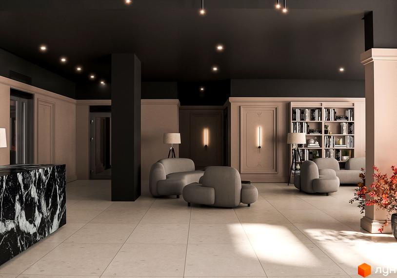 Інтер'єр лобі житлового комплексу Creator City з диванами, книжковою шафою та стійкою. Сучасний дизайн та елегантне освітлення створюють затишну атмосферу.
