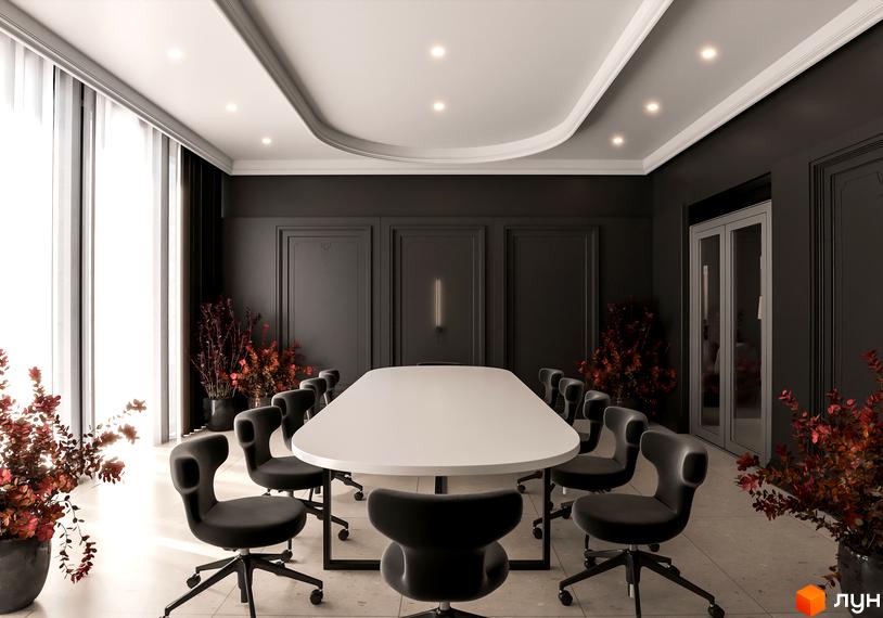Сучасна переговорна кімната в ЖК Creator City з великим столом та зручними кріслами. Просторий зал для зустрічей з панорамними вікнами та елегантним дизайном.