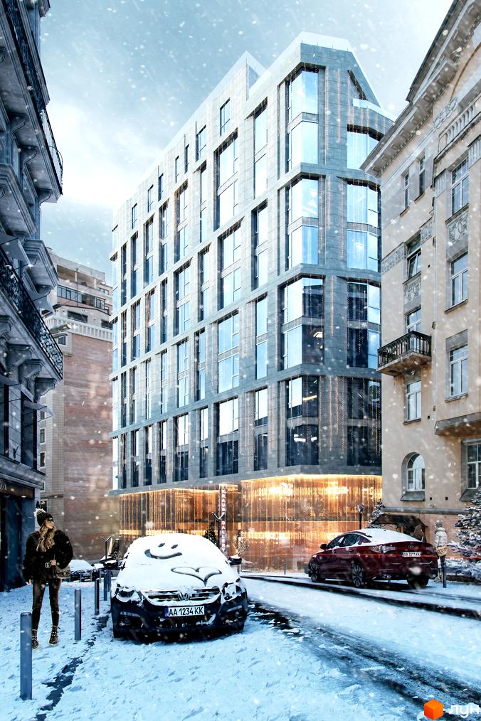 Новобудова Krauss Gallery з великими вікнами та кам'яним фасадом, прикрашена гірляндами, на засніженій міській вулиці з автомобілями.