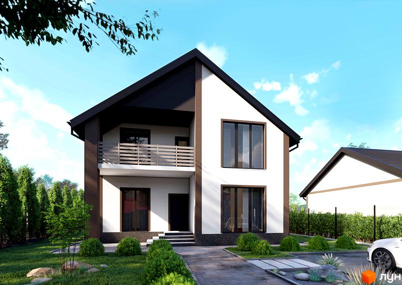 Двоповерховий будинок Котеджне містечко Лісовий Масив з білими фасадами, темним дахом та балконом. Прибудинкова територія з доріжками та зеленими насадженнями.