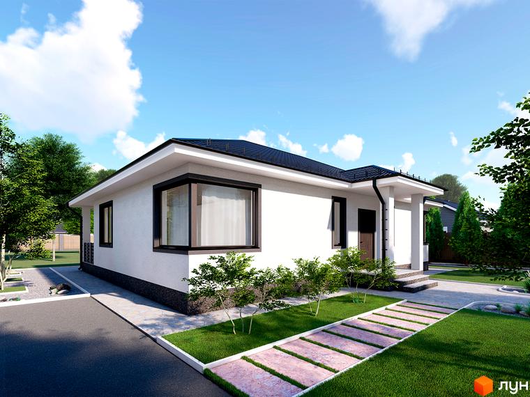 Котеджне містечко КМ Лісовий Масив: білий одноповерховий будинок з чорним дахом та великими вікнами, доріжка з плитки на зеленій галявині.