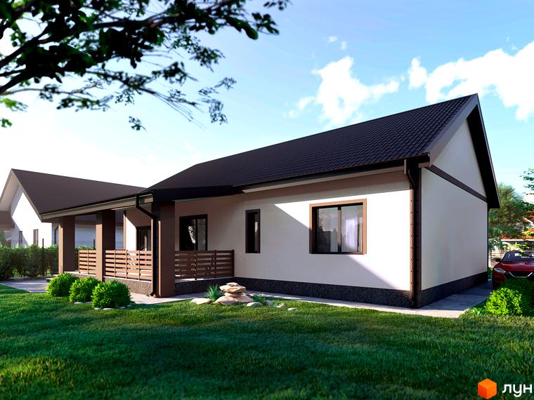 Котеджне містечко Лісовий Масив: одноповерховий будинок з терасою, світлими стінами та темним дахом, розташований на доглянутому газоні.