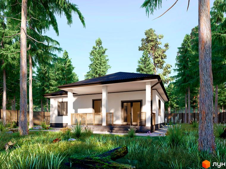 Котеджне містечко Лісовий Масив: одноповерховий будинок з білими стінами та темним дахом, оточений високими деревами та зеленою травою.