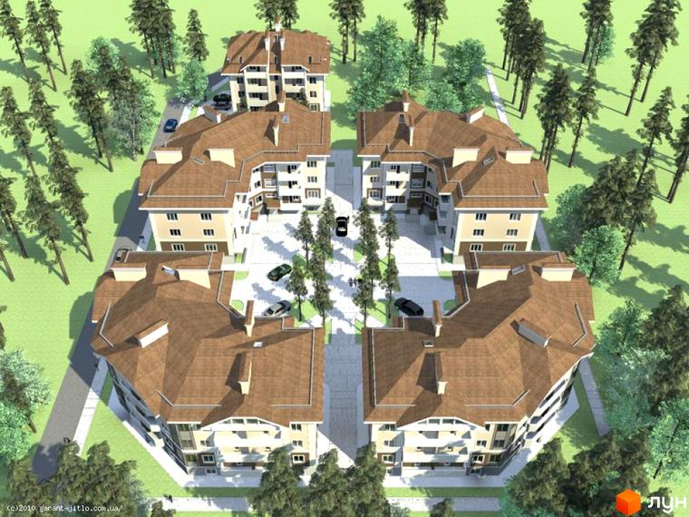 Житловий комплекс Матросова з сучасною архітектурою, оточений зеленими насадженнями та прибудинковою територією.