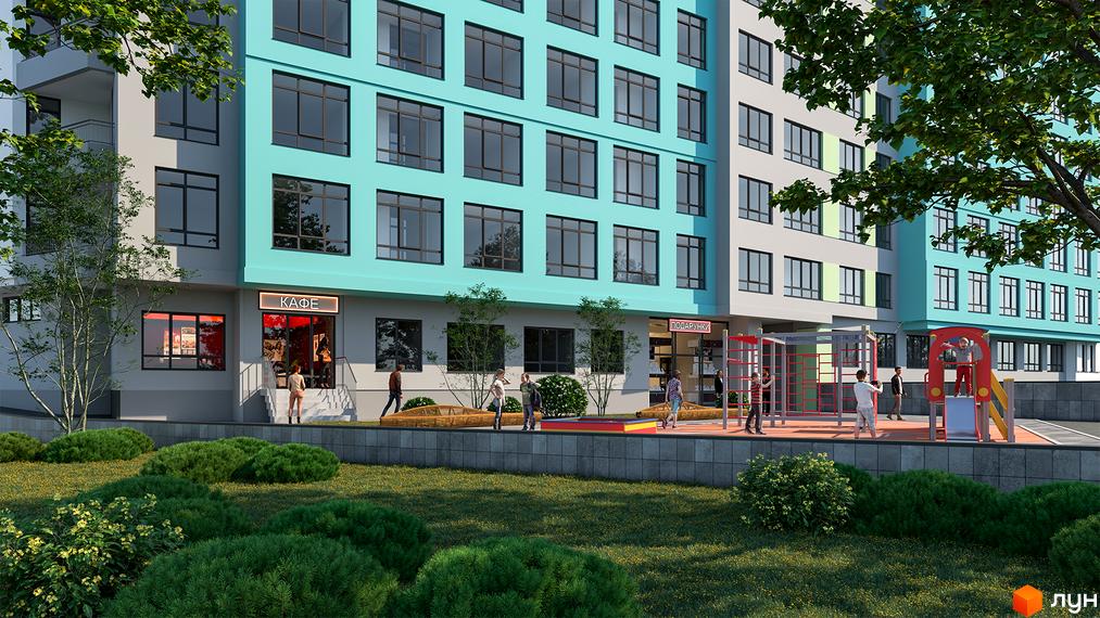 Житловий комплекс Голоські кручі: фасади будівель з блакитними та сірими елементами, дитячий майданчик та зелена зона відпочинку.