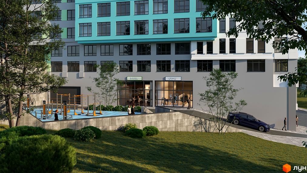 Житловий комплекс Голоські кручі з фасадом бірюзового та сірого кольорів, вікнами великого розміру та прибудинковою територією зі спортивним майданчиком та зеленими насадженнями.