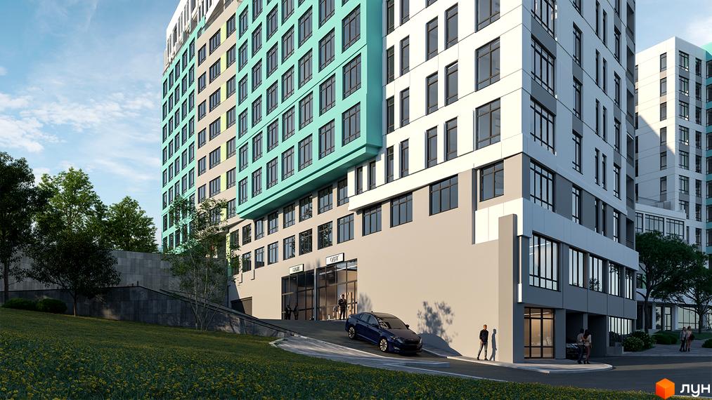 Житловий комплекс Голоські кручі: фасади будівель з білими та блакитними елементами, панорамні вікна, зелена прибудинкова територія з деревами та газоном.