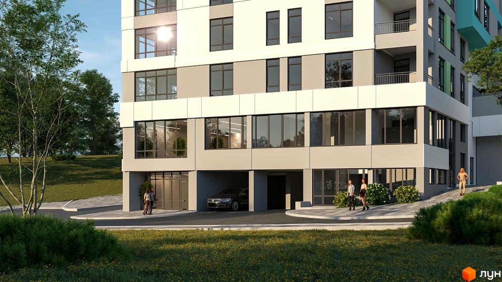 Житловий комплекс Голоські кручі. Фасад новобудови з великими вікнами та прибудинкова територія з зеленими насадженнями та місцем для паркування.