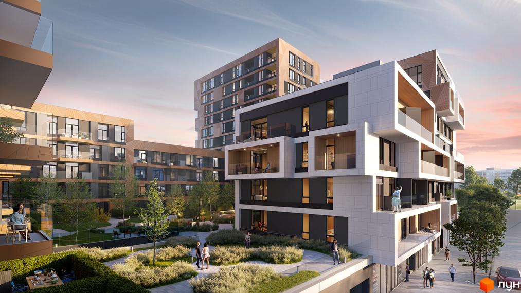 Багатоповерхові будинки житлового комплексу UNIT.Home з панорамними вікнами та відкритими балконами. На території комплексу є зелені зони та місця для відпочинку.