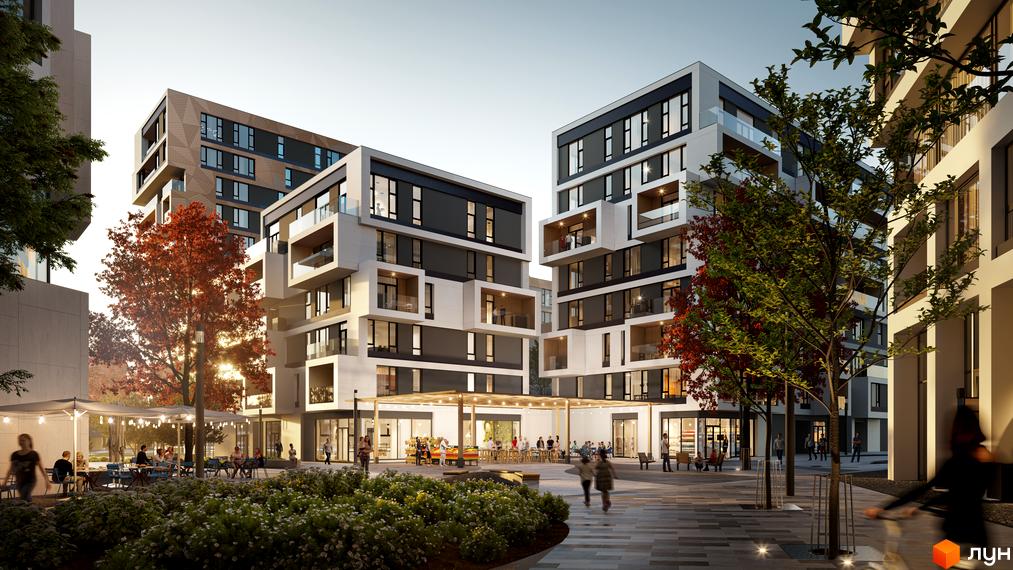 Житловий комплекс UNIT.Home з сучасними будинками та облаштованою прибудинковою територією: зони відпочинку, зелені насадження, кафе.