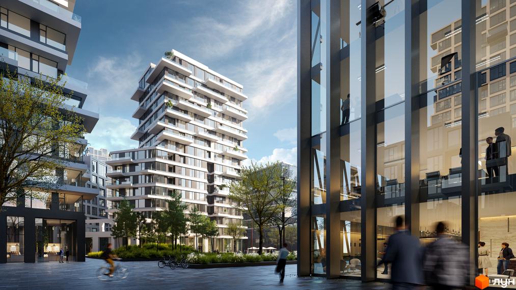 Висотна новобудова ЖК UNIT.Home з панорамними вікнами та просторою прибудинковою територією з озелененням і зонами відпочинку.