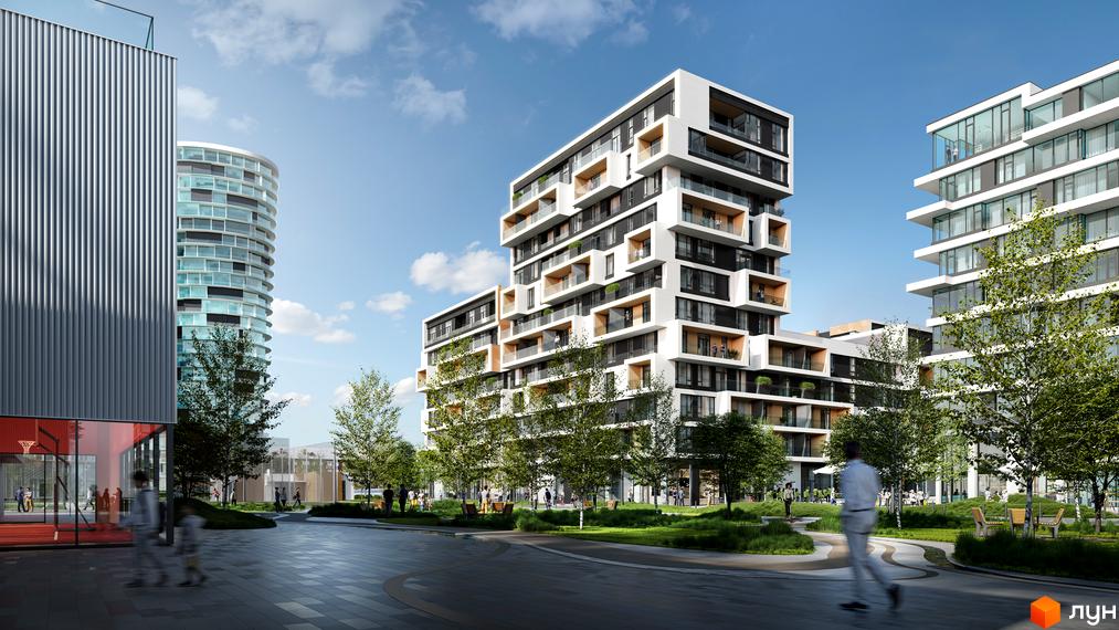 Житловий комплекс UNIT.Home з білими фасадами, великими вікнами та балконами. На території комплексу є зелені зони, дерева та доріжки для прогулянок.