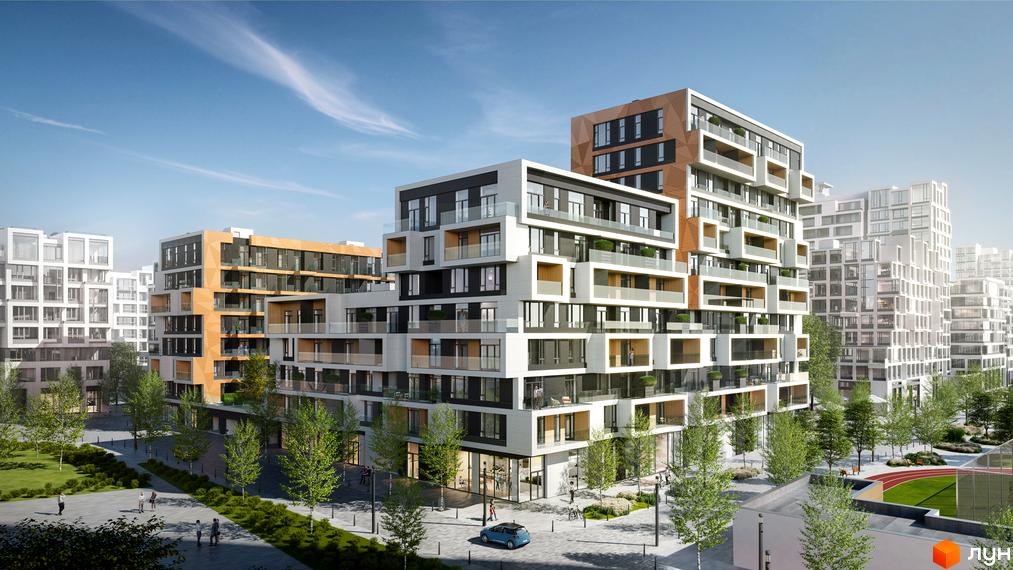 Багатоповерховий будинок ЖК UNIT.Home з білими фасадами та скляними балконами. На території є зелені насадження, доріжки та спортивний майданчик.