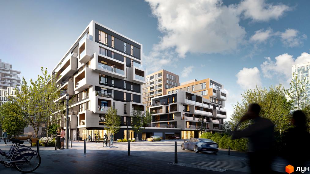 Житловий комплекс UNIT.Home з сучасними будівлями та прибудинковою територією. На території є дерева, парковка та місця для відпочинку.