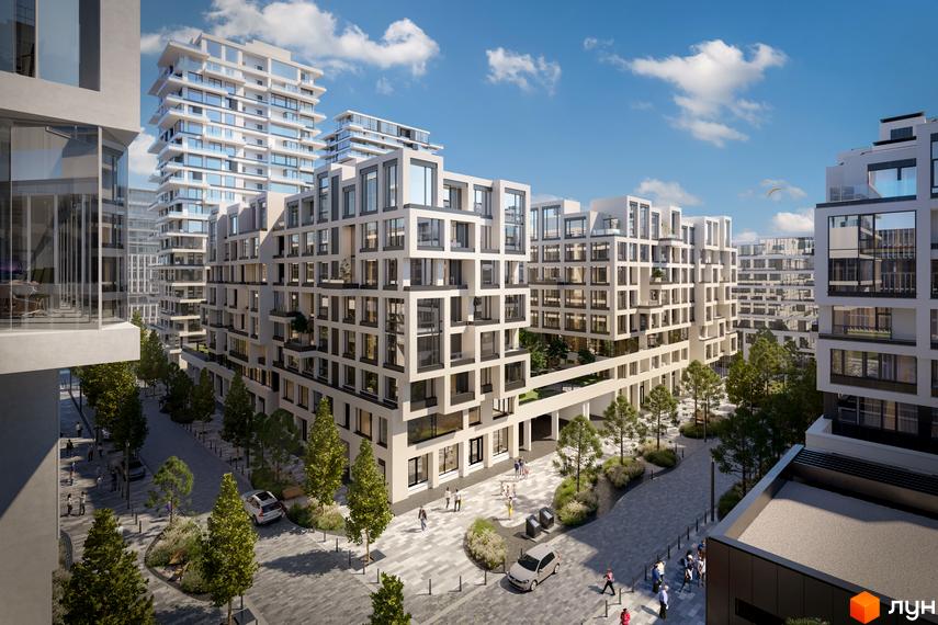 Високі будинки з білими фасадами та великими вікнами. На прибудинковій території висаджені дерева та облаштовані пішохідні зони. ЖК UNIT.Home.
