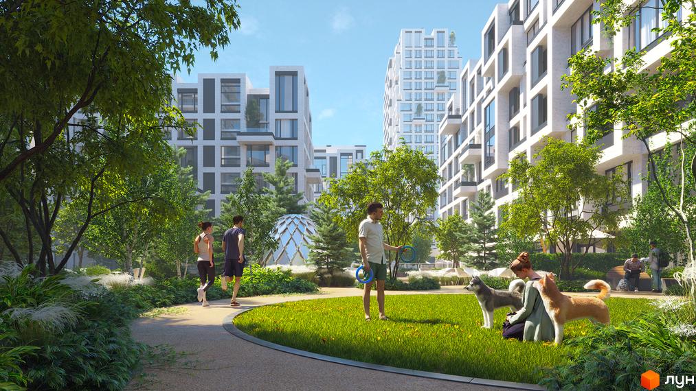 Житловий комплекс UNIT.Home з сучасними будинками та доглянутою прибудинковою територією з зеленими насадженнями, місцями для відпочинку та прогулянок.