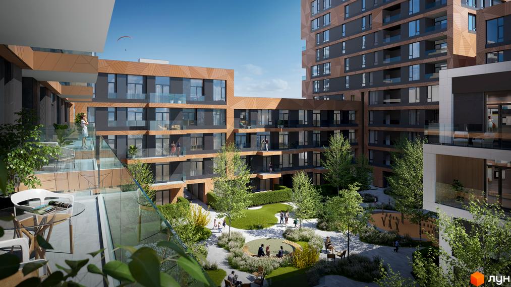 Новобудова UNIT.Home: будівлі з темно-сірими фасадами, дерев'яними елементами та скляними балконами. Внутрішній двір з озелененням та зонами відпочинку.