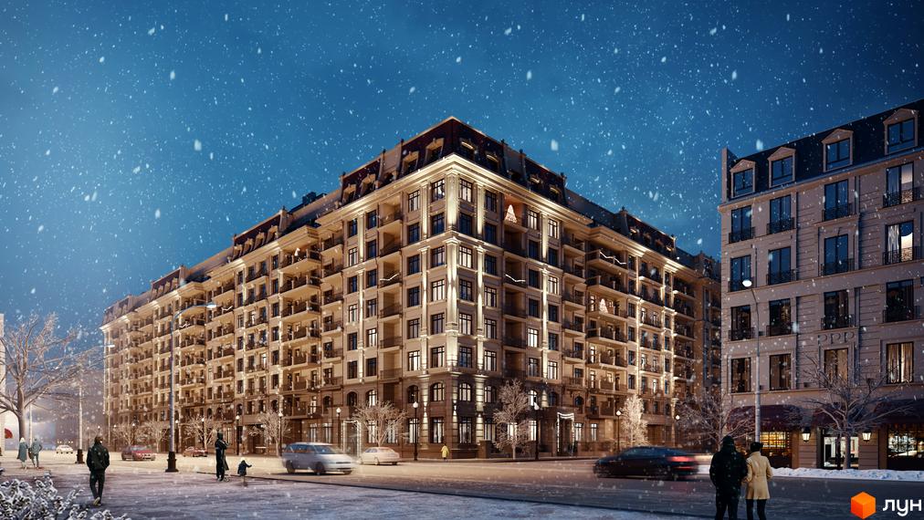 Клубний будинок LA MANCHE у зимовому міському пейзажі. Фасад будівлі з балконами та вікнами, освітлений вогнями, на тлі нічного неба зі снігом. На вулиці видно дерева та перехожих.