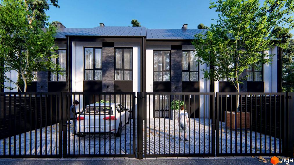 Двоповерхові будинки за адресою вул. Кленова, 67 з контрастними фасадами та темними дахами. Прибудинкова територія має чорний паркан, бруківку та зелені насадження.