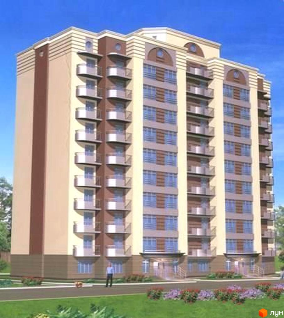 Житловий комплекс на вул. Полтавська, 69, з балконами та великими вікнами. Прибудинкова територія озеленена та облаштована.