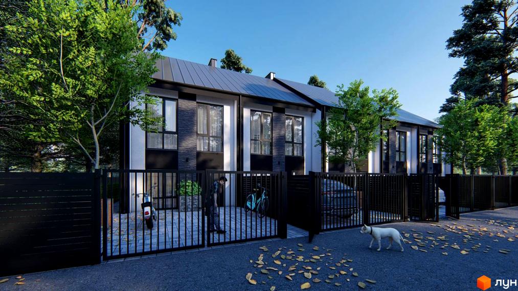 Будинки Житлового комплексу на вул. Кленова, 67: фасади з темними вставками, огорожа, бруківка та дерева.