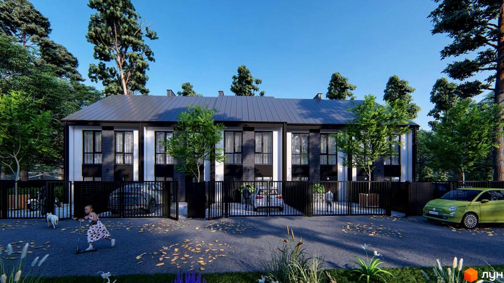 Сучасний житловий комплекс на вулиці Кленовій, 67, з фасадами з білої штукатурки та темного каменю, великими вікнами та сірим дахом. Прибудинкова територія огороджена чорним парканом, з автомобілями та зеленим газоном.