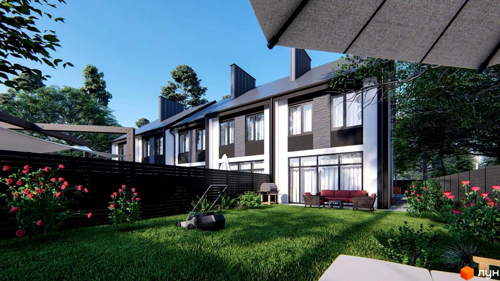 Ряд двоповерхових таунхаусів з чорно-білим фасадом та великими вікнами. На передньому плані зелений газон, квітучі кущі та зона відпочинку.