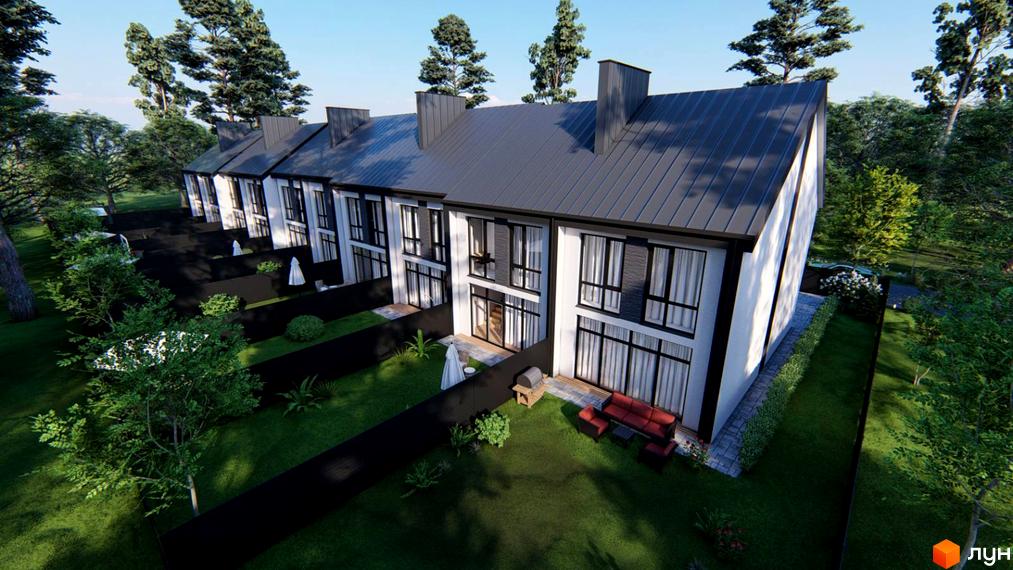 Зовнішній вигляд триповерхових будинків з великими вікнами та сірим дахом на вул. Кленова, 67. Прибудинкова територія з газоном, деревами та зоною відпочинку.