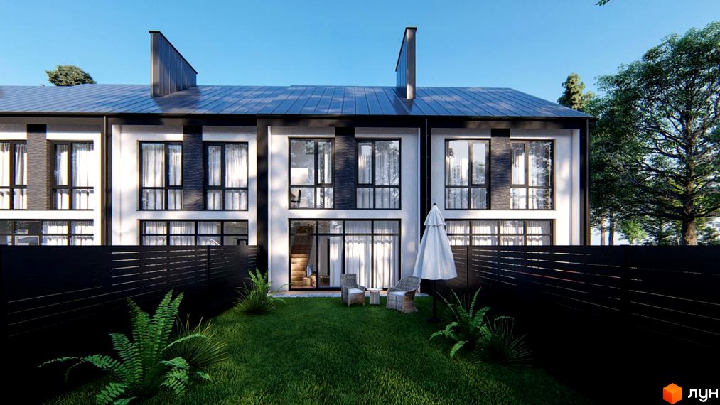 Ряд двоповерхових будинків з білими та темними фасадами, великими вікнами. Перед будинками зелений газон з меблями та чорним парканом.