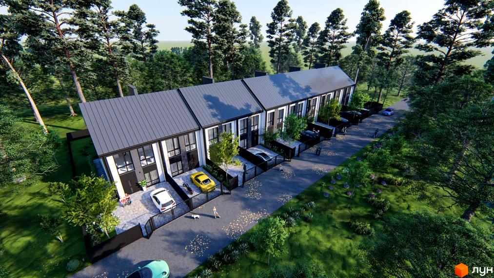 Ряд таунхаусів з сірими дахами та чорно-білими фасадами на вул. Кленова, 67. Територія облаштована зеленими насадженнями та паркувальними місцями.