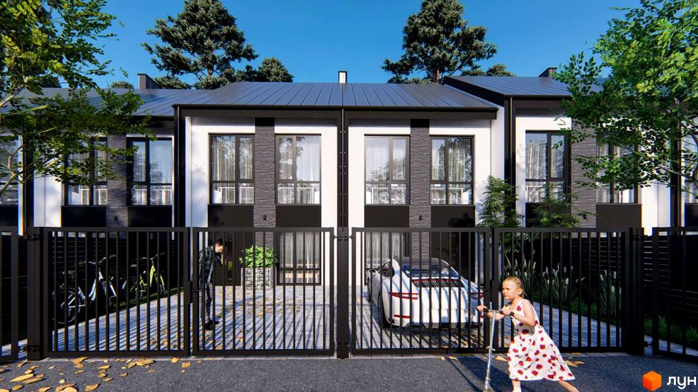 Фасад двоповерхових будинків житлового комплексу на вул. Кленова, 67 з темними дахами та білими й темними фасадами. На подвір'ї огорожа, автомобіль та діти.