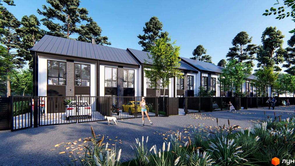 Ряд двоповерхових будинків з білими фасадами та темними дахами. Перед ними огороджена територія, дорога та зелені насадження.