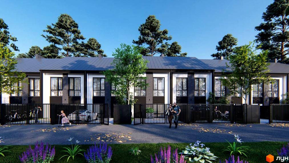 Зовнішній вигляд таунхаусів у житловому комплексі на вул. Кленова, 67, з парканом та зеленими насадженнями. На території видно людей та автомобілі.