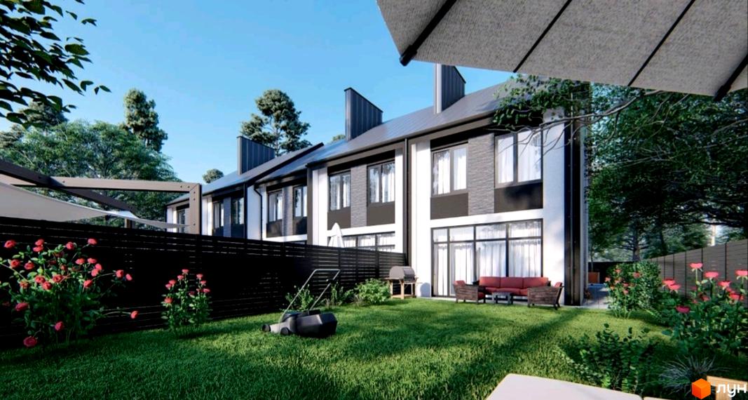 Сучасний житловий комплекс на вул. Кленова, 67, з доглянутим заднім двором та квітучими рослинами.