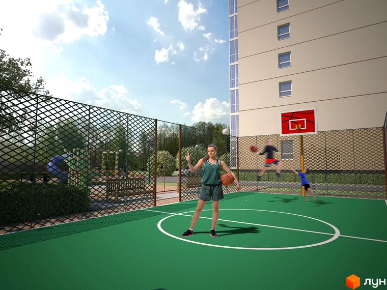 Житловий комплекс Острів 2: сучасна багатоповерхівка з баскетбольним майданчиком та дитячим майданчиком на прибудинковій території.