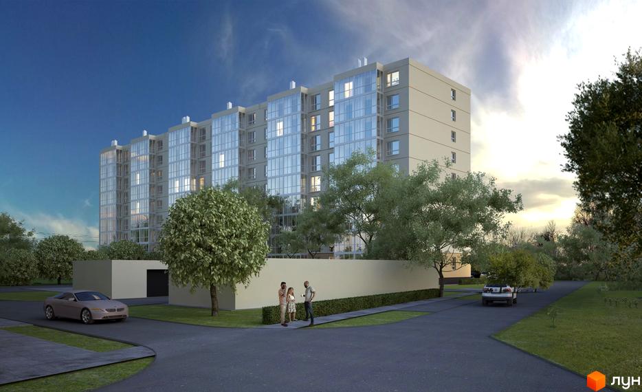 Зовнішній вигляд житлового комплексу Острів 2 з великою кількістю скління та прибудинковою територією з деревами та дорогою.