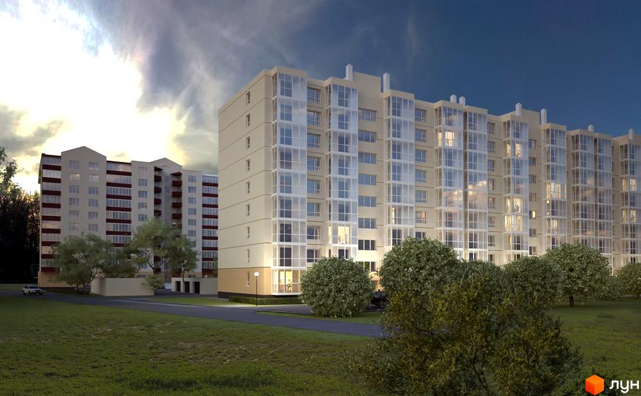 Житловий комплекс Острів 2: багатоповерхові будинки світлих відтінків з великими вікнами та зеленими насадженнями навколо.