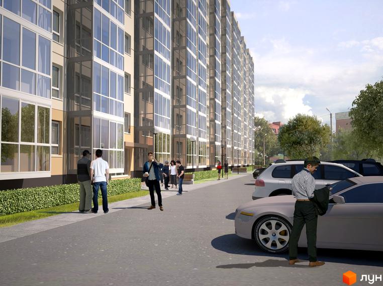 Багатоповерховий житловий комплекс Острів 2 зі скляними балконами та світлим фасадом. На прибудинковій території є пішохідні доріжки, зелені кущі та парковка.