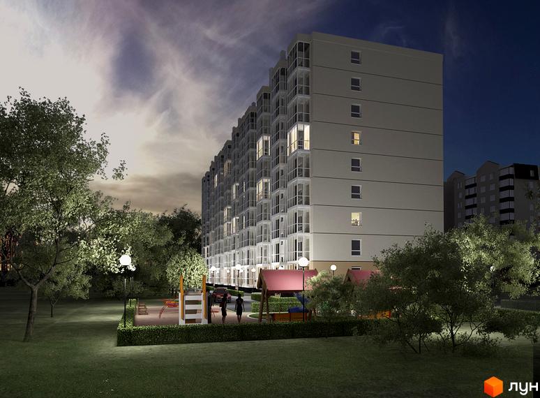 Житловий комплекс Острів 2 – багатоповерхова новобудова з балконами та прибудинковою територією з дитячим майданчиком.