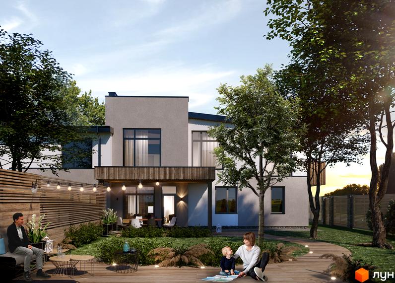 Будинок Котеджного містечка на Арктичній з світлим фасадом та панорамними вікнами. На подвір'ї газон, дерева та дерев'яна тераса з підсвіткою.