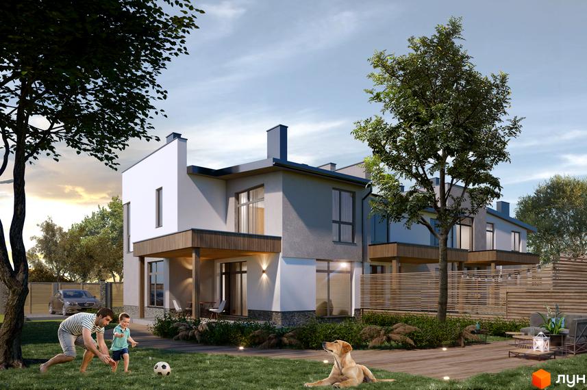 Котеджі на Арктичній – двоповерхові будинки з терасами та великими вікнами, зелений двір з дитячим майданчиком та зоною відпочинку.