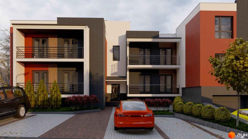 Клубний будинок „Сіті Хаус №1“ з червоними та сірими фасадами, балконами та прибудинковою територією з парковкою та зеленими насадженнями.