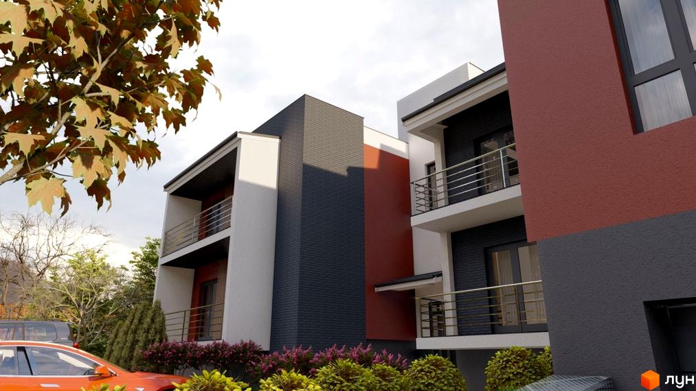 Фасад Клубного будинку „Сіті Хаус №1“ виконаний у білих, темно-сірих та теракотових тонах з балконами. Навколо будинку висаджені декоративні кущі та дерева.