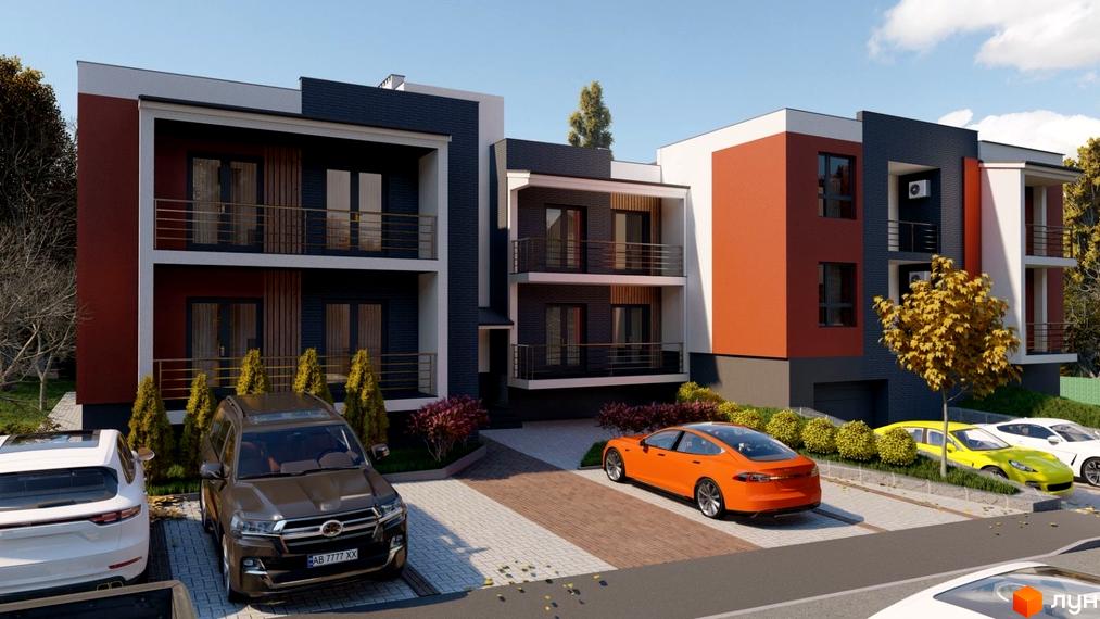 Клубний будинок Сіті Хаус №1 з багатокольоровими фасадами та балконами. Прибудинкова територія має парковку та озеленення.