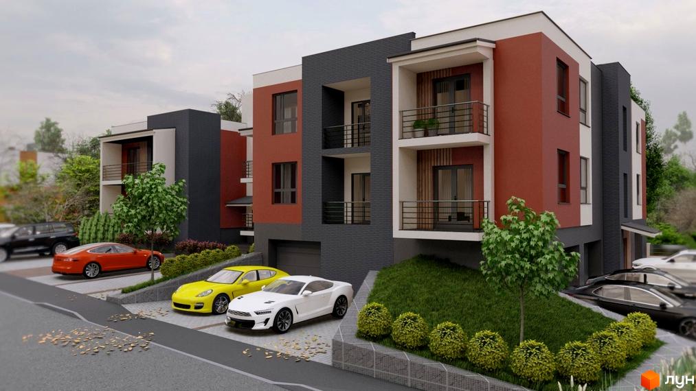 Клубний будинок „City House №1“ з цегляним фасадом та балконами. Поряд розташовані автомобілі на парковці та зелені насадження.