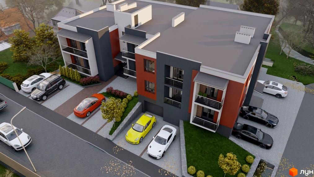 Житловий комплекс Сіті Хаус №1 має фасади темно-сірого та теракотового кольорів з балконами. На прибудинковій території розташовані паркінг та зелені насадження.