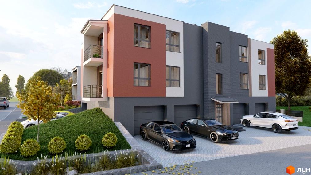 Клубний будинок „Сіті Хаус №1“: фасад будівлі з червоно-коричневими, білими та сірими секціями, балконами та гаражами. Прибудинкова територія з зеленим газоном, деревами та автомобілями.